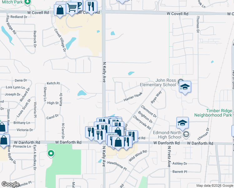 map of restaurants, bars, coffee shops, grocery stores, and more near 1716 Grey Hawk Road in Edmond