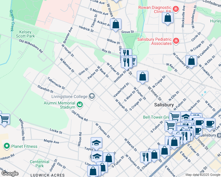 map of restaurants, bars, coffee shops, grocery stores, and more near 317 Institute Street in Salisbury