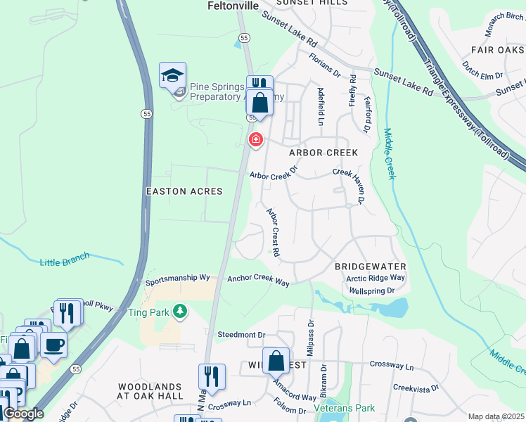 map of restaurants, bars, coffee shops, grocery stores, and more near 204 Arbor Crest Road in Holly Springs