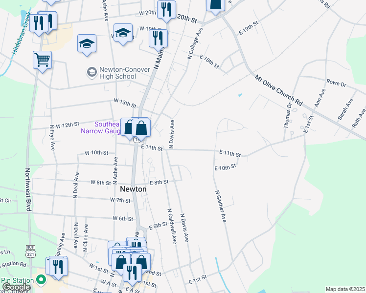 map of restaurants, bars, coffee shops, grocery stores, and more near 418 East 11th Street in Newton