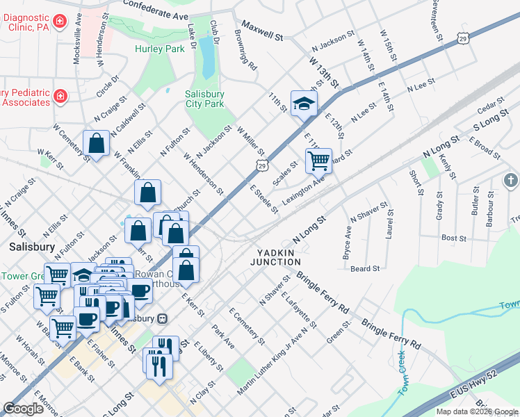 map of restaurants, bars, coffee shops, grocery stores, and more near 825 North Lee Street in Salisbury