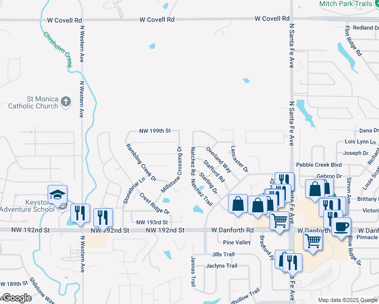 map of restaurants, bars, coffee shops, grocery stores, and more near 1805 Natchez Road in Edmond