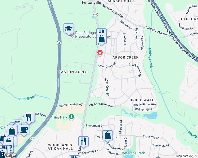 map of restaurants, bars, coffee shops, grocery stores, and more near 120 Arbor Glen Court in Holly Springs
