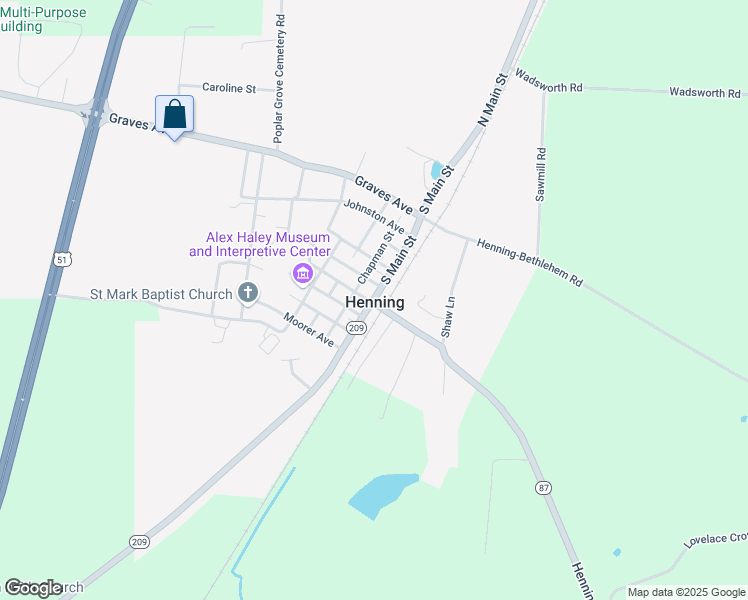 map of restaurants, bars, coffee shops, grocery stores, and more near Tennessee 87 in Henning