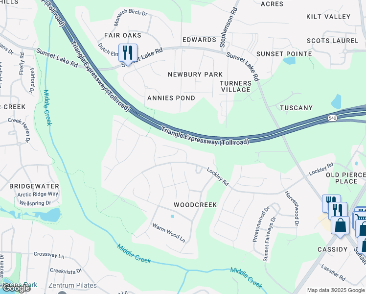 map of restaurants, bars, coffee shops, grocery stores, and more near 129 Mayfield Drive in Apex