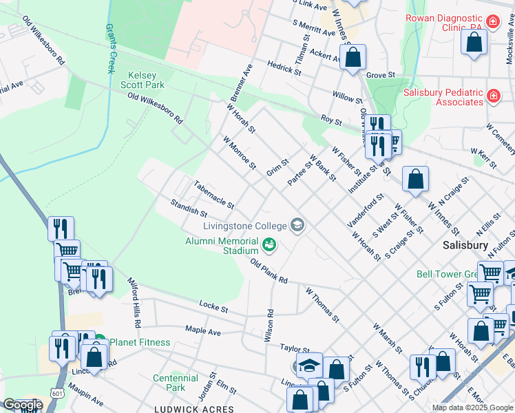 map of restaurants, bars, coffee shops, grocery stores, and more near 608 Partee Street in Salisbury