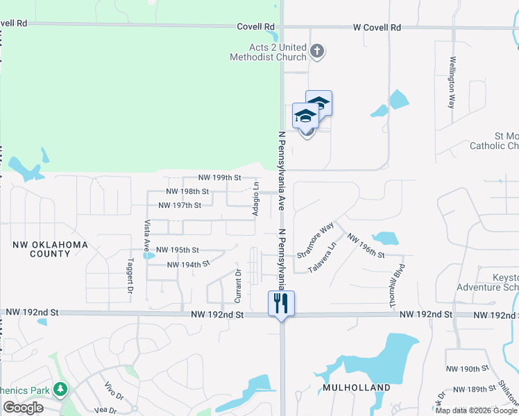 map of restaurants, bars, coffee shops, grocery stores, and more near 19716 Adagio Lane in Edmond