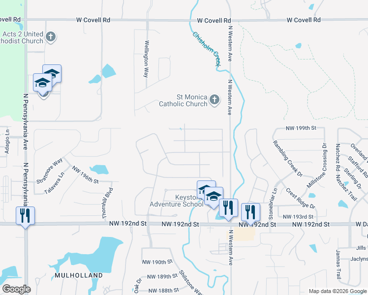 map of restaurants, bars, coffee shops, grocery stores, and more near 1301 Lariat Drive in Edmond