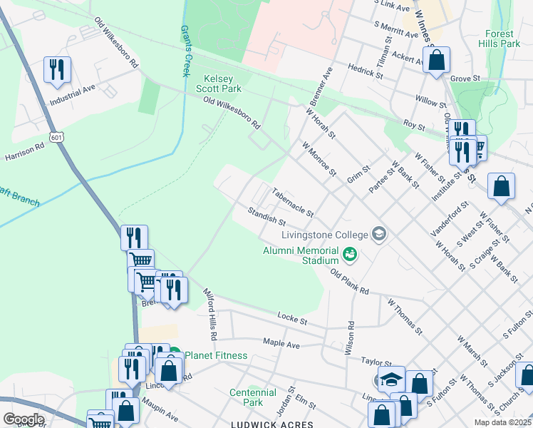 map of restaurants, bars, coffee shops, grocery stores, and more near 1404 Standish Street in Salisbury