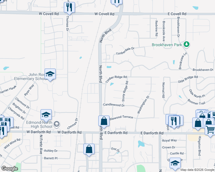 map of restaurants, bars, coffee shops, grocery stores, and more near 1808 Timber Ridge Rd in Edmond