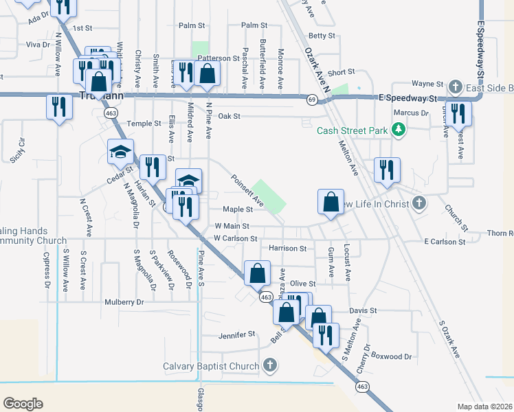 map of restaurants, bars, coffee shops, grocery stores, and more near 514 Maple Street in Trumann