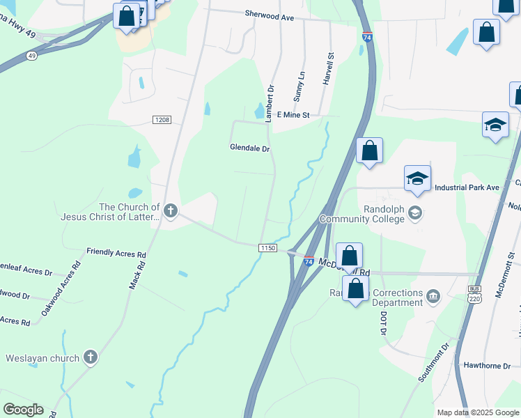 map of restaurants, bars, coffee shops, grocery stores, and more near 2361 Lambert Drive in Asheboro