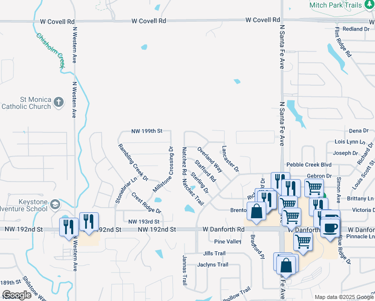map of restaurants, bars, coffee shops, grocery stores, and more near 1805 Natchez Road in Edmond