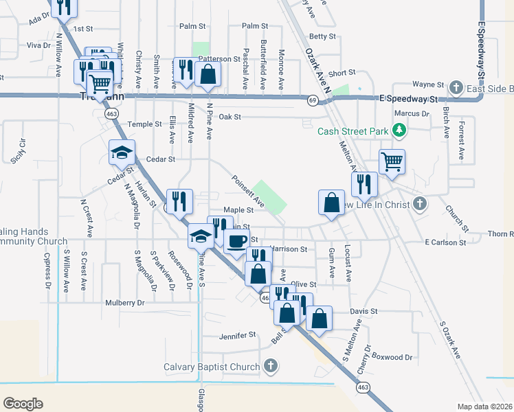 map of restaurants, bars, coffee shops, grocery stores, and more near 514 Maple Street in Trumann