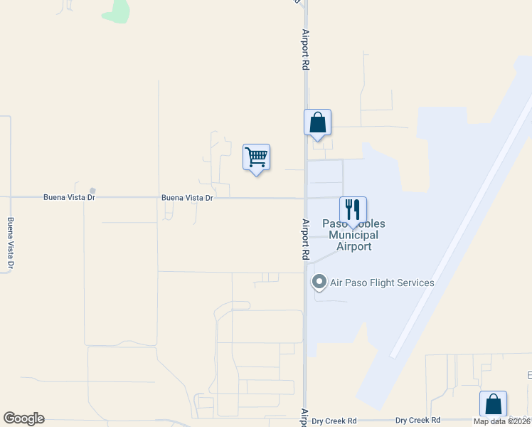 map of restaurants, bars, coffee shops, grocery stores, and more near 6440 Buena Vista Drive in Paso Robles