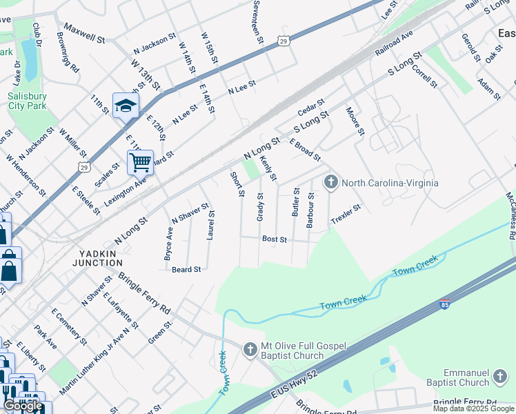 map of restaurants, bars, coffee shops, grocery stores, and more near 1131 Grady Street in Salisbury