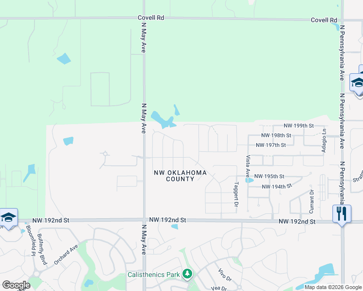 map of restaurants, bars, coffee shops, grocery stores, and more near 19717 Brookville Drive in Edmond