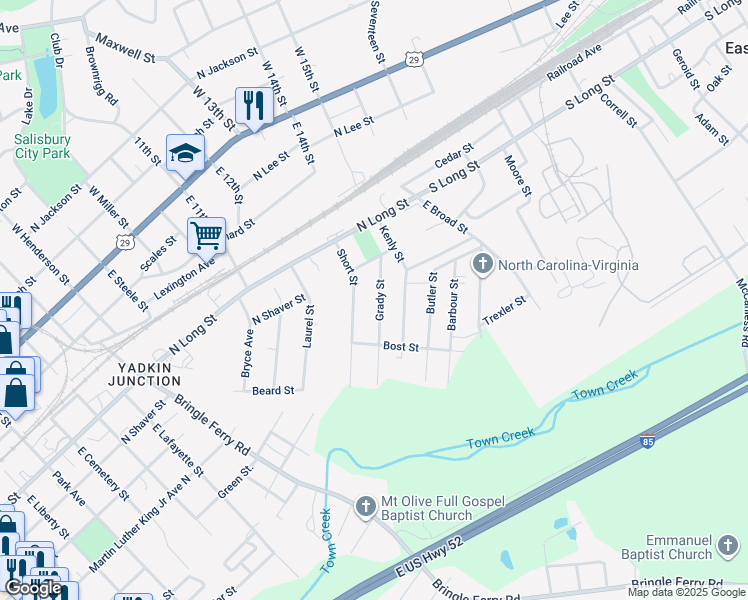 map of restaurants, bars, coffee shops, grocery stores, and more near 1131 Grady Street in Salisbury
