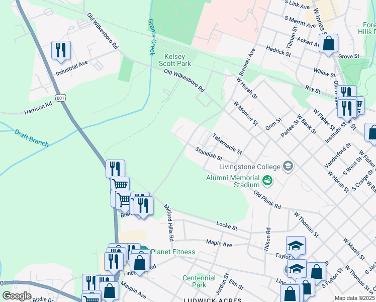 map of restaurants, bars, coffee shops, grocery stores, and more near 580 Brenner Avenue in Salisbury