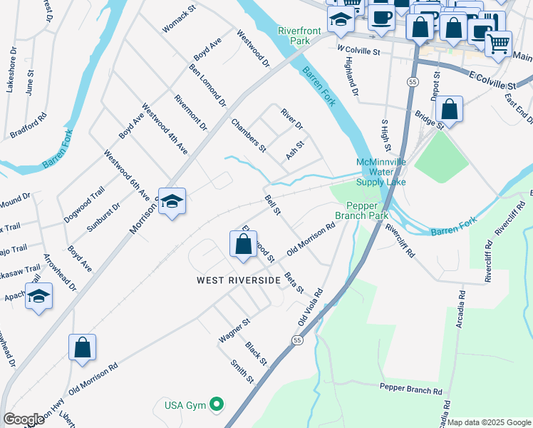 map of restaurants, bars, coffee shops, grocery stores, and more near 103 Estridge Street in McMinnville