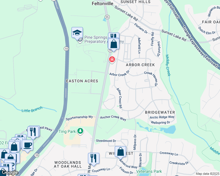 map of restaurants, bars, coffee shops, grocery stores, and more near 116 Arbor Glen Court in Holly Springs
