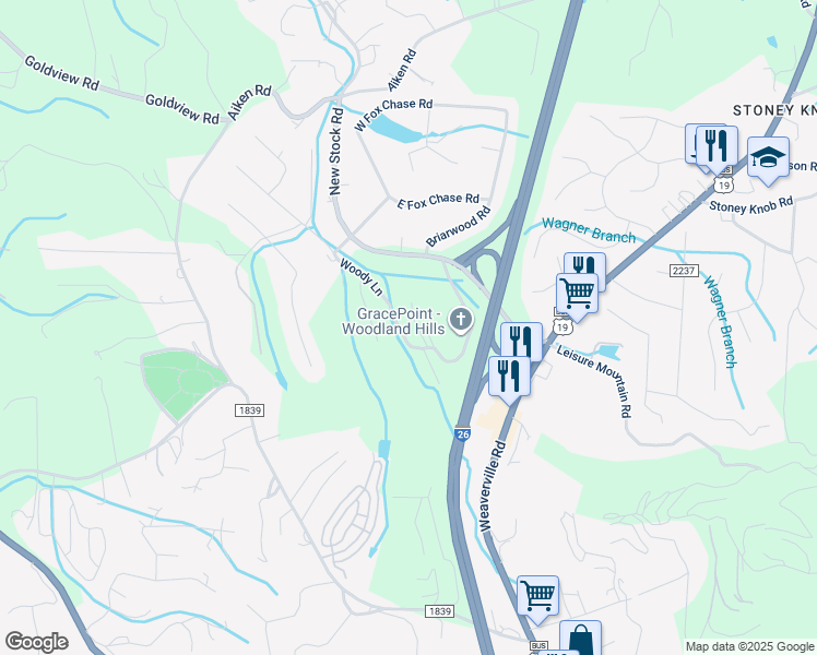 map of restaurants, bars, coffee shops, grocery stores, and more near 730 Woodland Ridge in Asheville