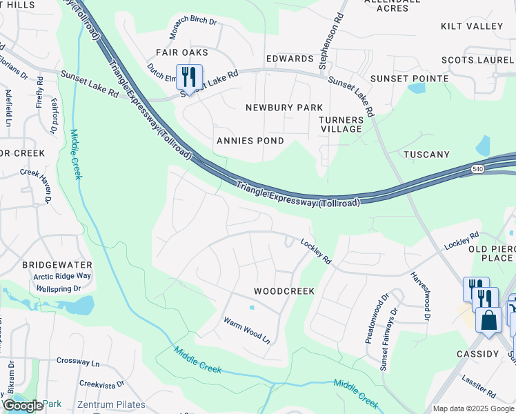 map of restaurants, bars, coffee shops, grocery stores, and more near 207 Mayfield Drive in Apex