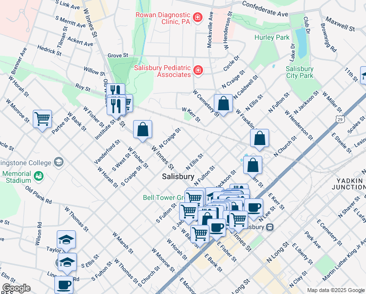 map of restaurants, bars, coffee shops, grocery stores, and more near 530 West Council Street in Salisbury