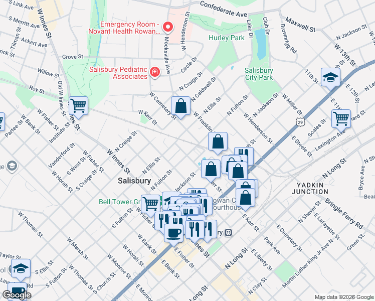 map of restaurants, bars, coffee shops, grocery stores, and more near 409 North Fulton Street in Salisbury