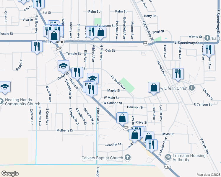 map of restaurants, bars, coffee shops, grocery stores, and more near 604 Maple Street in Trumann