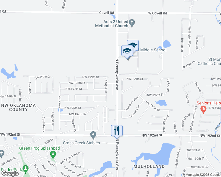 map of restaurants, bars, coffee shops, grocery stores, and more near 19809 Serenade Way in Edmond