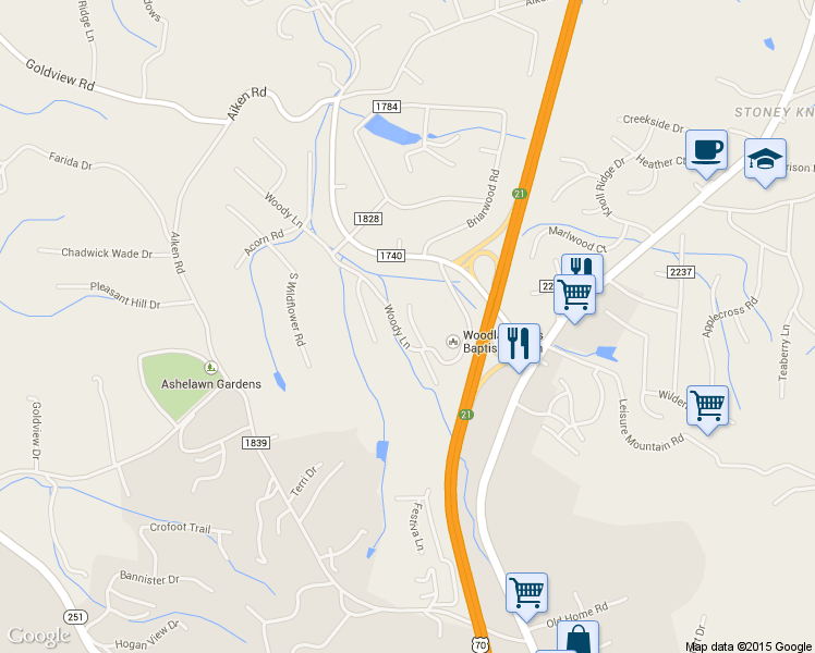 map of restaurants, bars, coffee shops, grocery stores, and more near 730 Woodland Ridge in Asheville