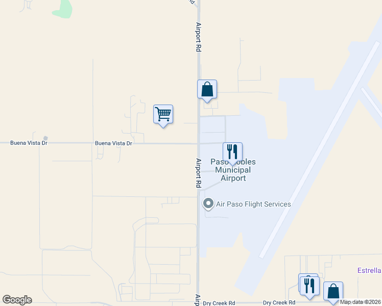map of restaurants, bars, coffee shops, grocery stores, and more near 6440 Buena Vista Drive in Paso Robles