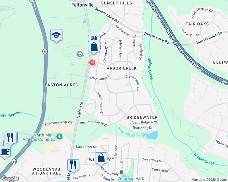 map of restaurants, bars, coffee shops, grocery stores, and more near 305 Creek Haven Drive in Holly Springs