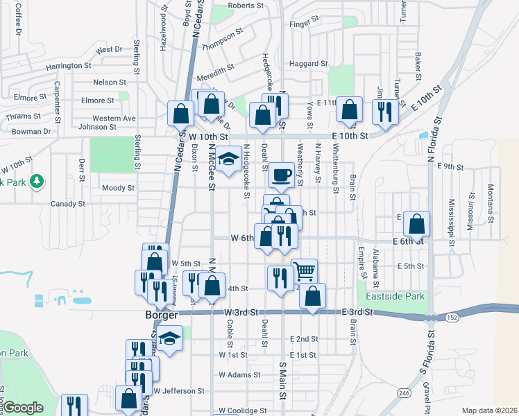 map of restaurants, bars, coffee shops, grocery stores, and more near 701-799 Deahl St in Borger