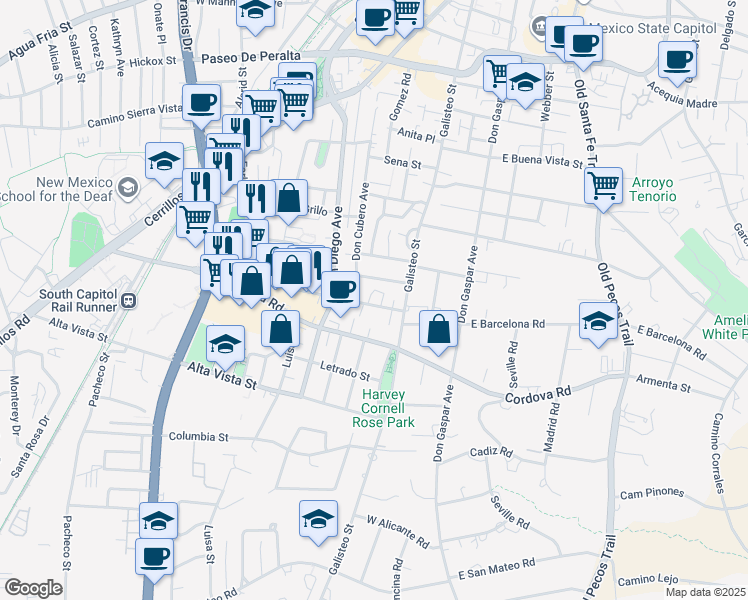 map of restaurants, bars, coffee shops, grocery stores, and more near 214 Camino De Los Marquez in Santa Fe