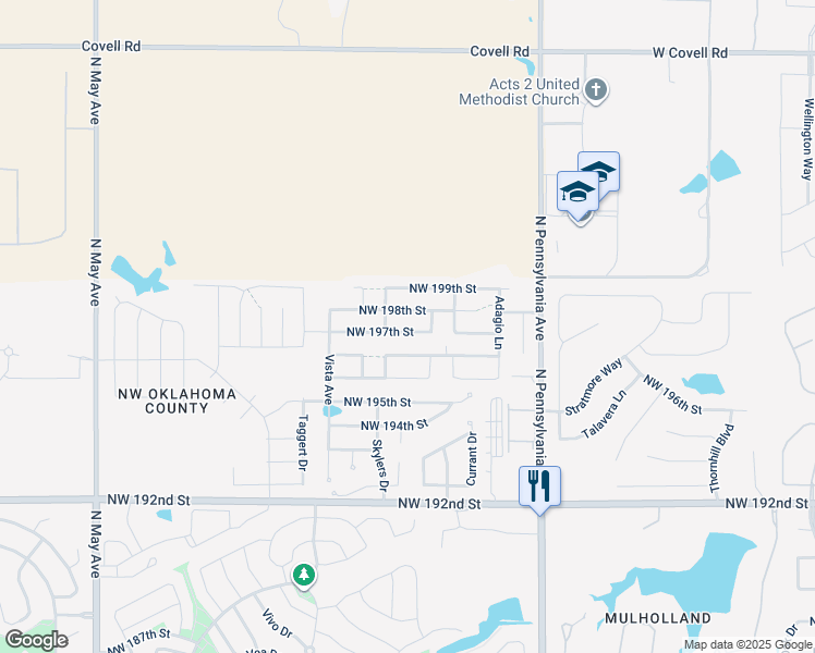 map of restaurants, bars, coffee shops, grocery stores, and more near 2349 Northwest 197th Street in Edmond