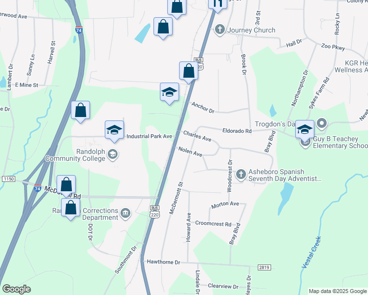 map of restaurants, bars, coffee shops, grocery stores, and more near 123 Nolen Avenue in Asheboro