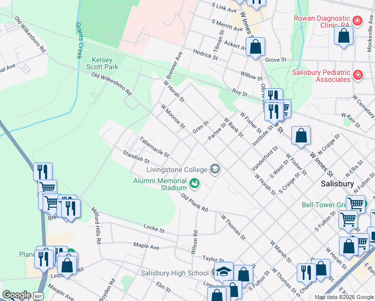map of restaurants, bars, coffee shops, grocery stores, and more near 608 Partee Street in Salisbury