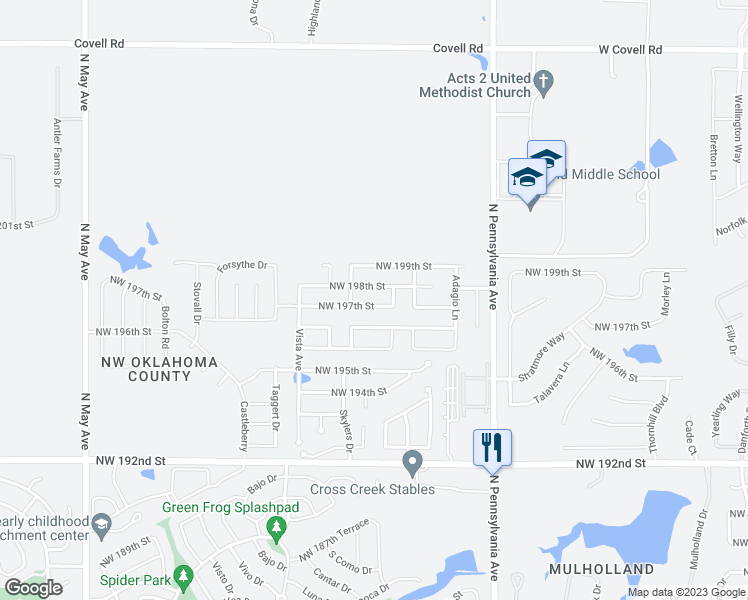 map of restaurants, bars, coffee shops, grocery stores, and more near 2345 Northwest 197th Street in Edmond