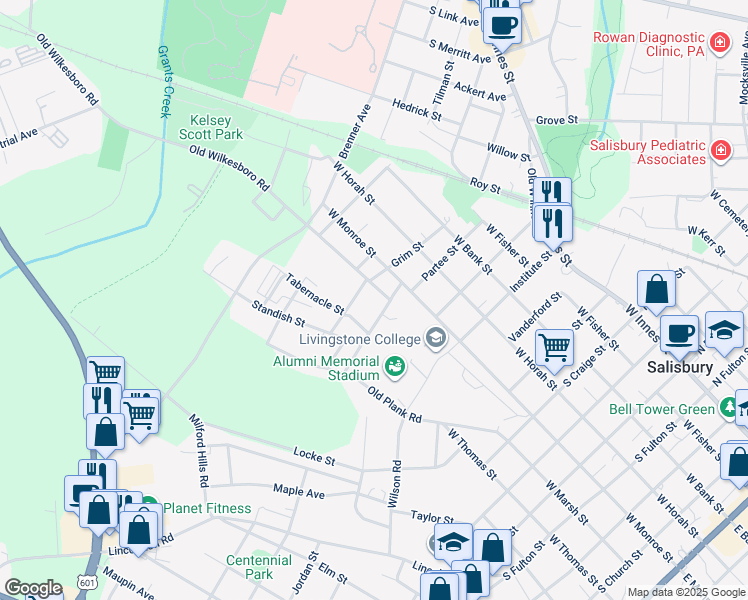 map of restaurants, bars, coffee shops, grocery stores, and more near 608 Partee Street in Salisbury