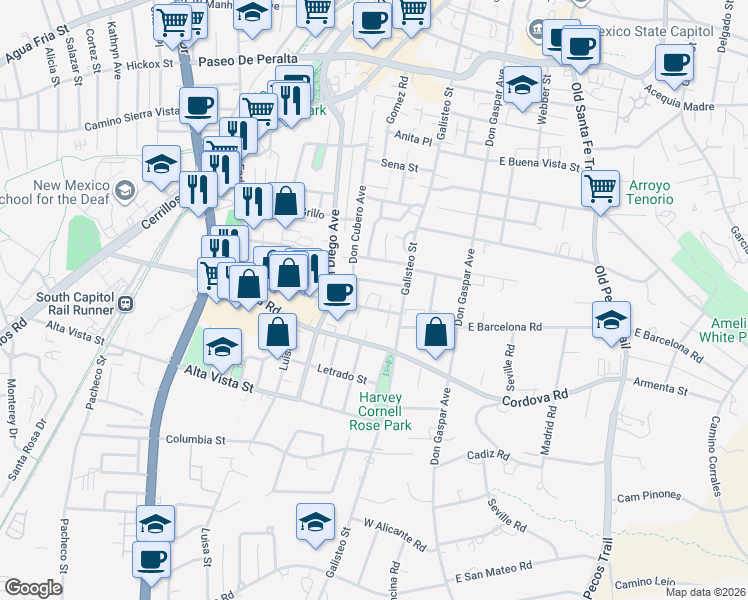map of restaurants, bars, coffee shops, grocery stores, and more near 214 Camino De Los Marquez in Santa Fe