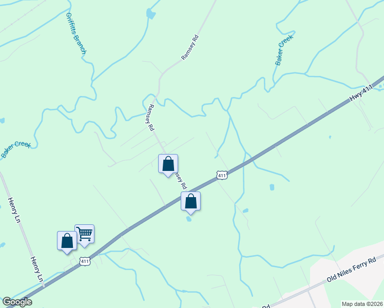 map of restaurants, bars, coffee shops, grocery stores, and more near 134 Ramsey Road in Maryville