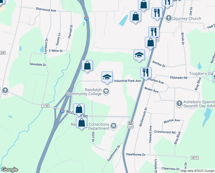 map of restaurants, bars, coffee shops, grocery stores, and more near 629 Industrial Park Avenue in Asheboro