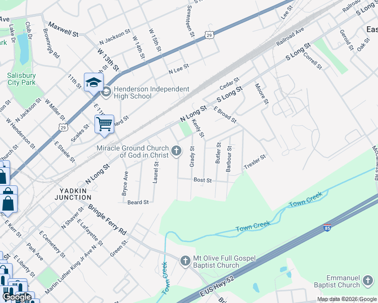 map of restaurants, bars, coffee shops, grocery stores, and more near 1131 Grady Street in Salisbury