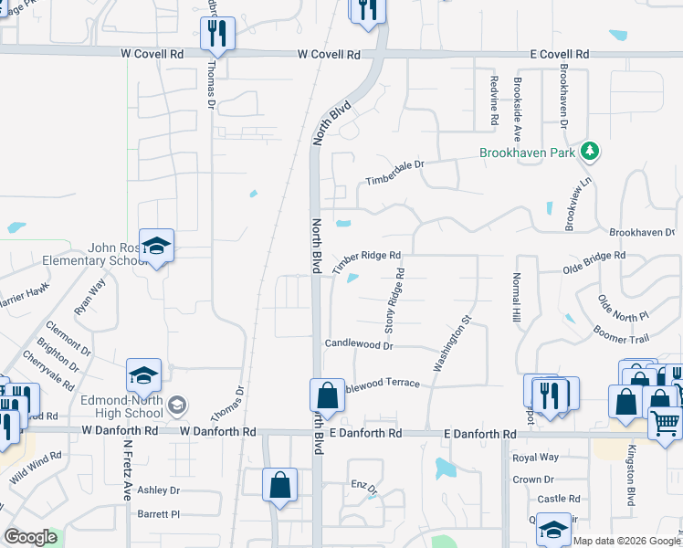 map of restaurants, bars, coffee shops, grocery stores, and more near 1808 Timber Ridge Road in Edmond
