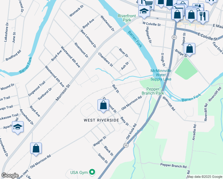 map of restaurants, bars, coffee shops, grocery stores, and more near 103 Estridge Street in McMinnville