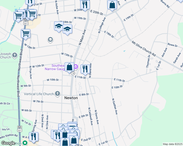 map of restaurants, bars, coffee shops, grocery stores, and more near 1111 North Davis Avenue in Newton