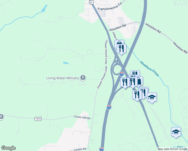 map of restaurants, bars, coffee shops, grocery stores, and more near 128 Lipe Road in Troutman