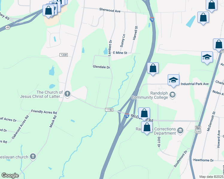 map of restaurants, bars, coffee shops, grocery stores, and more near 2361 Lambert Drive in Asheboro